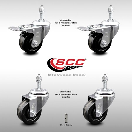 Service Caster 3 Inch SS Phenolic Swivel 3/8 Inch Threaded Stem Caster Total Lock Brake, 2PK SCC-SSTSTTL20S314-PHS-381615-2-S-2
